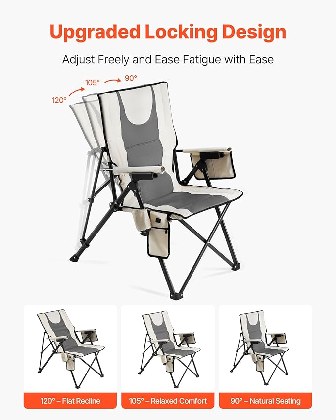 VEVOR Heated Camping Chair 3 Heat Settings High Back Folding Camping Chair Supports 260lbs Full Padded Beach Chairs with Armrest &amp Cupholder Portable Lawn Chairs for Outdoor Sports Travel