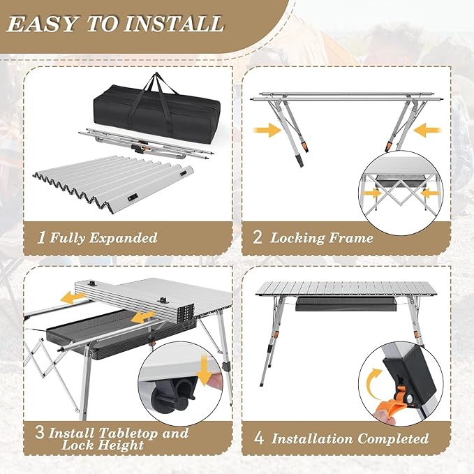 Athena Collection Foldable Camping Table 47 Aluminum Outdoor Folding Camp Table with Mesh Layer Telescopic Legs and Carry Bag Lightweight and Portable for Outdoor Camping Picnic Grilling Silver
