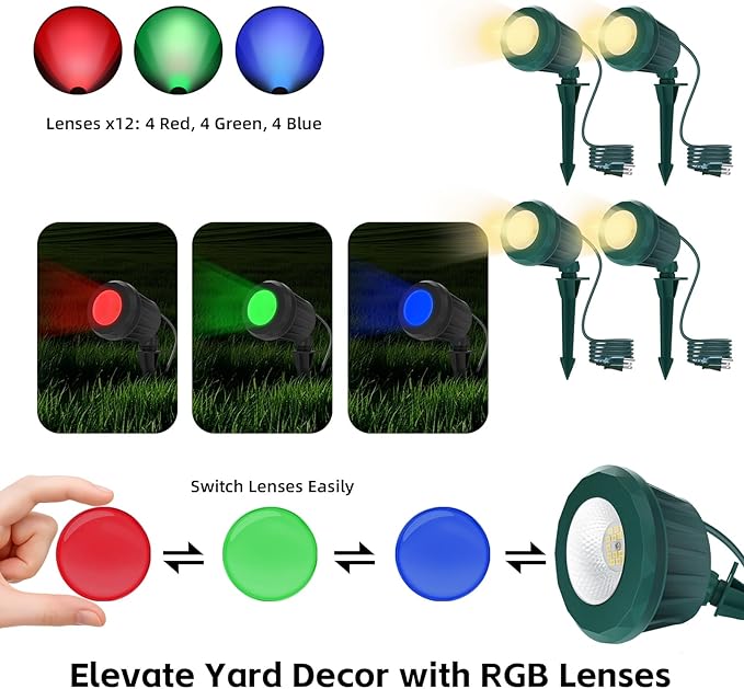 Spotlight Outdoor – 120V Plug-in 2700K Warm White LED Landscape Spot Lights with RGB 3 Lenses for Yard Garden Lawn&ampTree Decor IP67 Waterproof Perfect for Holidays&ampEveryday (4 Pack Green)