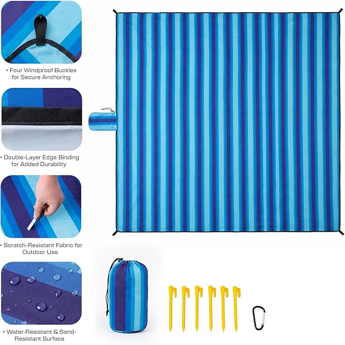 OIGAE Oversized Beach Blanket 9×10 ft Sand-Free Outdoor Mat for Groups Quick-Dry Picnic Blanket with Stakes &amp Corner Pockets Blue Stripe