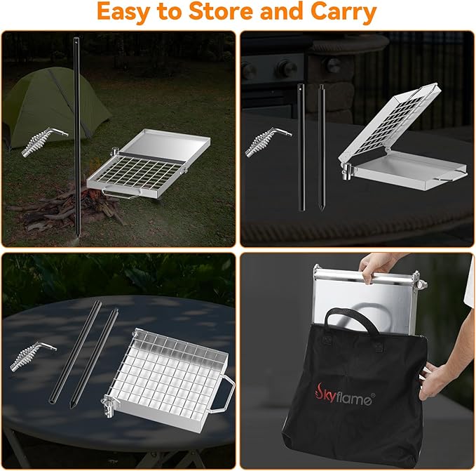Skyflame Folding Campfire Grill Grate Stainless Steel Swivel Camping Grill Grate and Griddle with Carrying Bag Portable Outdoor Cooking Equipment for Open Flame Fire Pit Backpacking Camping