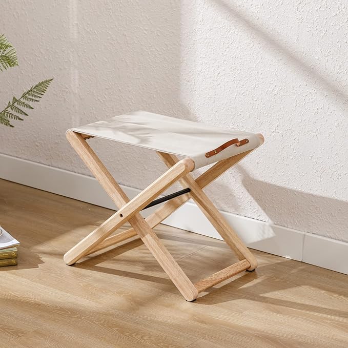 Wood Folding Camping Stools Set of 2 18.5 Hardwood Portable Fishing Folding Stool with Heavy Duty Metal Support Canvas Camp Stool Foldable Footstool for Outdoor Hiking Picnic BBQ Beige