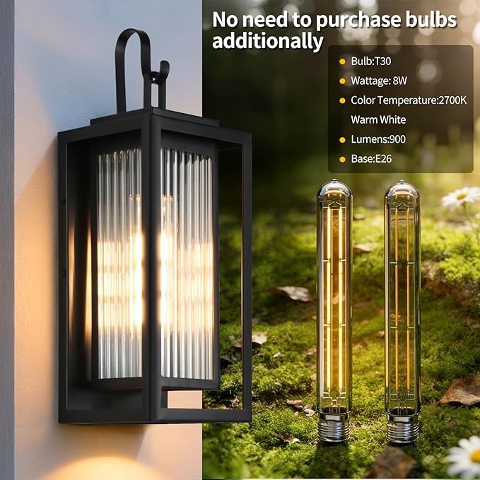 2 Pack Outdoor Wall Lights for House Exterior 18 Inch Large Black Modern Lantern with Dual Metal Frame &amp Textured Glass IP65 Waterproof (Bulbs Included)