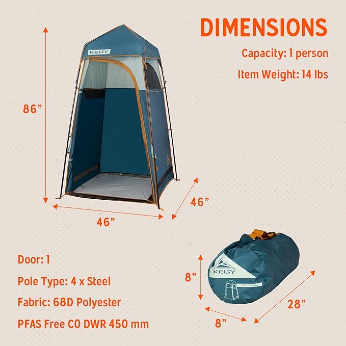 Kelty Discovery H2GO Privacy Shelter Campsite Shower and Changing Shelter Zippered Entry Steel Pole Frame Freestanding