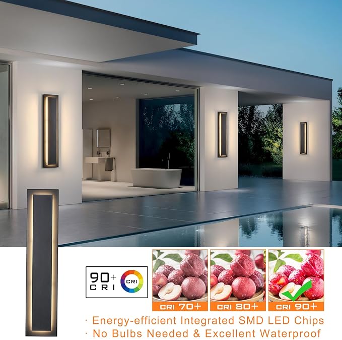tewei 23.6 Inch Modern Outdoor Wall Sconce Long Black LED Exterior Lighting Fixtures Modern Large Outdoor Front Porch Lights Outside Wall Mount Lights for House Warm White 3000K 2 Pack