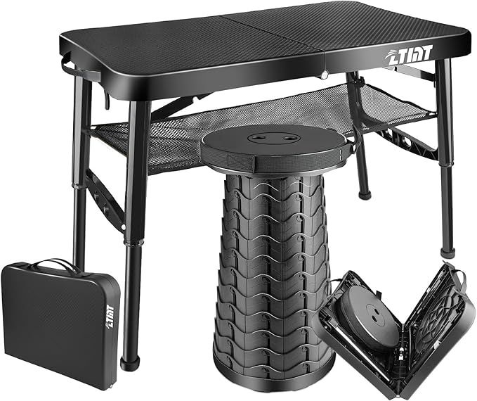 Folding Table and Stool Small Black 4 Foot Outdoor Portable Table Adjustable Height Camping Picnic RV Table 55lbs Load-Bearing Lightweight