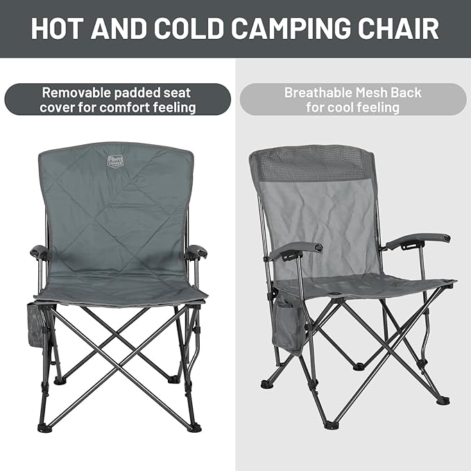 Timber Ridge Folding Camping Chair Removable Seat Padded Lawn Chairs Foldable Outdoor Camp Chair for Adults Supports Up to 300 LBS Grey