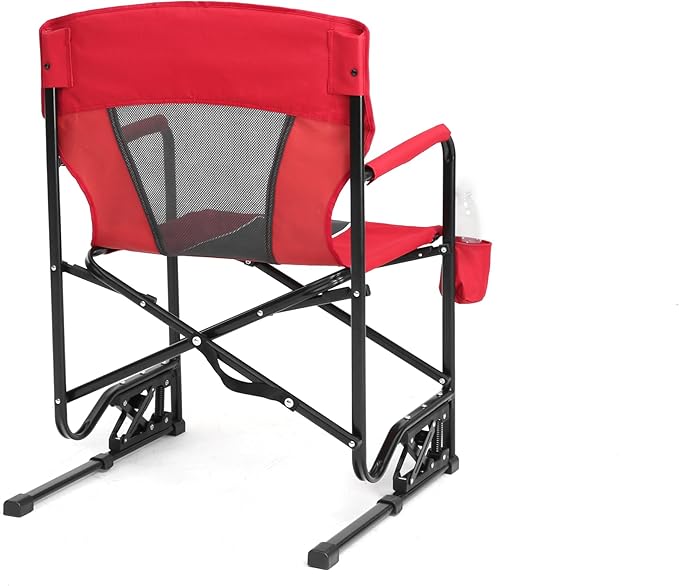 Outdoor Freestyle Rocker Camping Chair Portable Folding Rocking Chair with Solid Armrests Drink Holder Comfortable Backrest Red