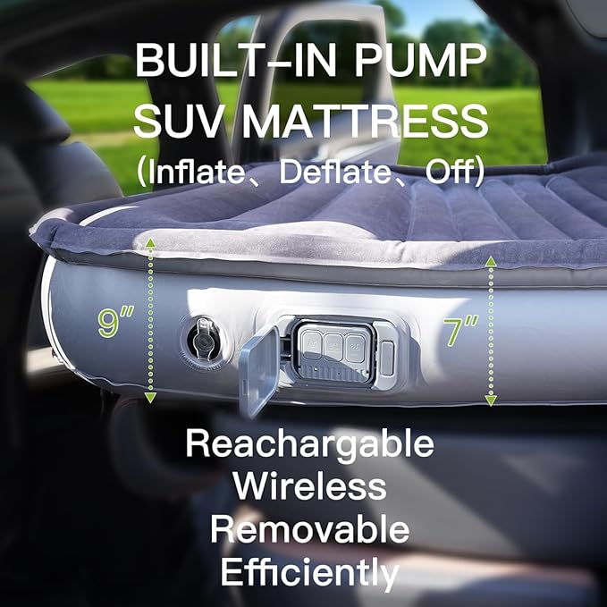SUV Air Mattress with Wireless Removable 3-in-1 Built-in Pump &amp Mattress 'Wings' | 7-inch Height Car Mattress for Mid/Large SUVs Trucks Minivans Supports 660lbs – Ideal for Road Trips &amp Cam