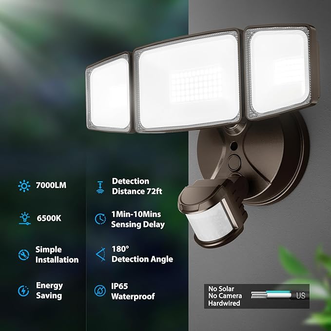Onforu 75W LED Flood Light Motion Sensor Outdoor 7000lm Dusk to Dawn Flood Light Security Light with Three Head IP65 Waterproof Exterior Floodlight 6500k Wall Light for Entryway Stairs Yard Garage