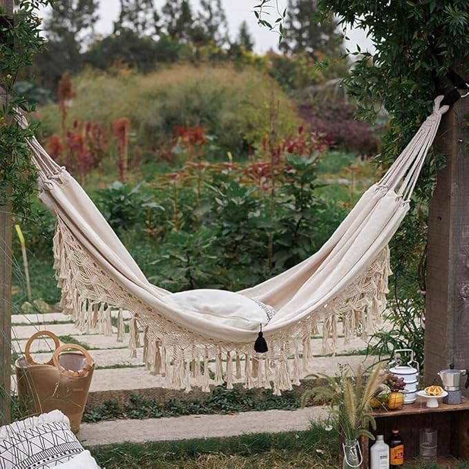Deluxe Double Hammock Canvas Macrame Fringed Net Swing Chair Portable Hanging Swing Hammock for Camping Bedroom Garden Patio and Porch