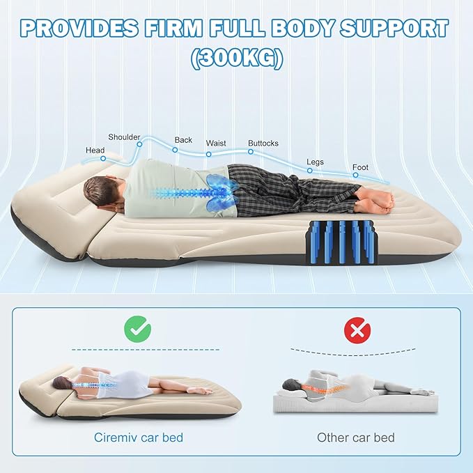Car Bed with The Most Complete Sleeping AccessoriesLeakproof Durable Car Mattress with Pillow &amp Pump|for SUV Minivan Mpv Road Trip Inflatable BedSingle-Sided Flocking Off-White + Gray