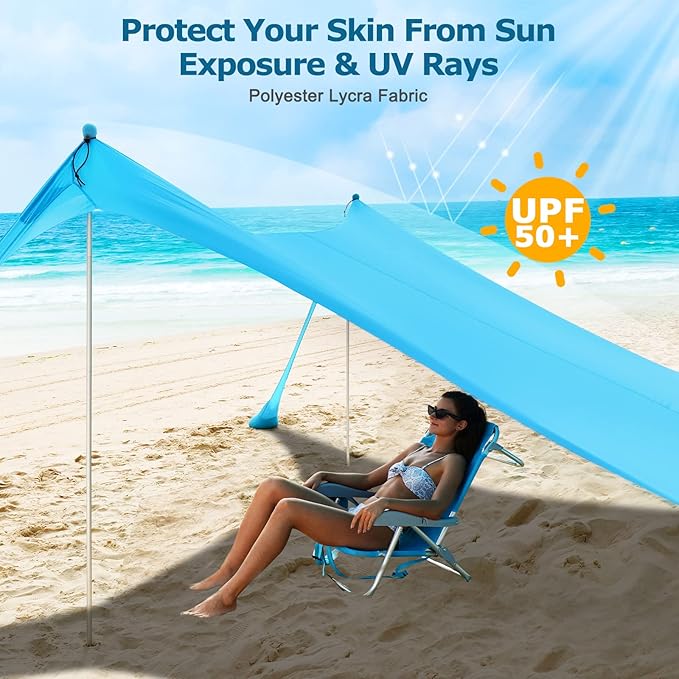 COMMOUDS Beach Tent Sun Shelter - UPF50+ Pop Up Beach Canopy with Sandbags &amp Sand Shovel &amp Windproof Poles Portable Sun Shade for Beach Camping Picnics Backyard