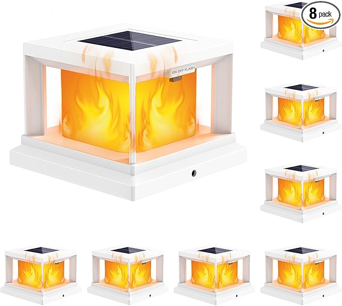 8-Pack Solar Light Outdoor Waterproof Solar Powered Post Cap Light for 4x4 Vinyl/Wooden Post with Flickering Flame White High Brightness SMD LED Deck Cap Lights for Fence Garden Patio Porch