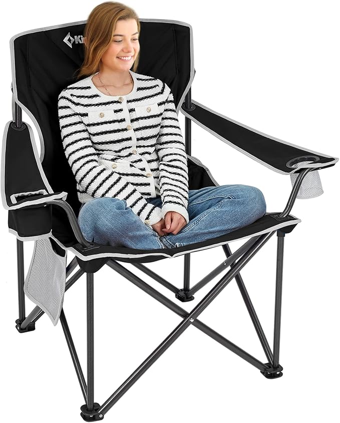 KingCamp Portable Folding Camping Quad Chair Oversized Fully Cushioned Seat with Side Pocket and Cup Holder for Tailgates Beach Lawn
