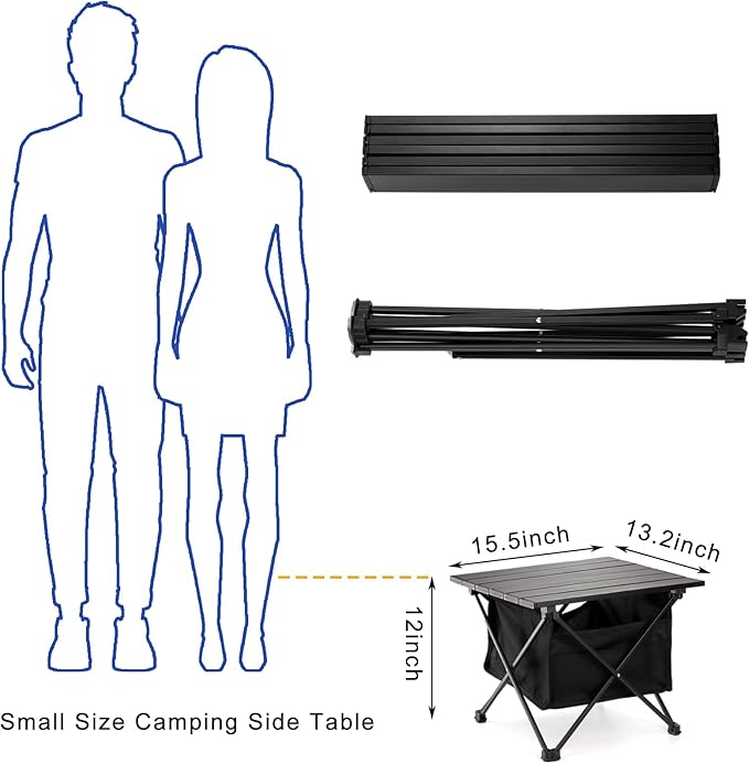 SOUJOY Folding Camping Table with Storage Bag Small Beach Side Table Portable Collapsible Aluminum Picnic Tent Side Table for Outdoor Cooking BBQ Hiking Boat Travel