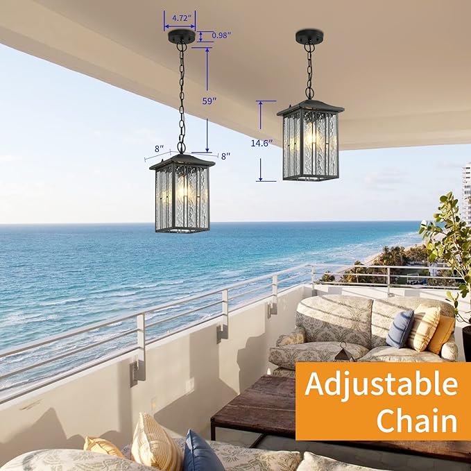 Outdoor Pendant Light Black Exterior Hanging Lights LED Outdoor Chandelier Modern Hanging Lantern for Porch Ceiling Entry Porch Patio Matte Black with Water-Rippled Glasses