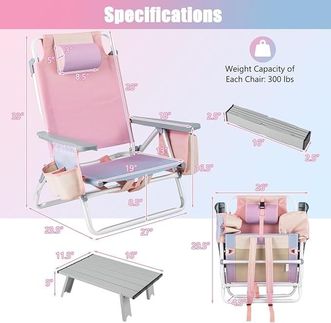 GYMAX Beach Chairs Backpack Camping Chair with Armrest Cooler Bag Cup Holder Towel Bar &amp Side Pockets Sunbath Sling Tanning Lounge Folding Layout Chair (with Table Pink)