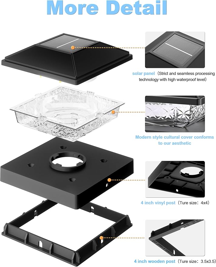 VOLISUN 4x4 Solar Fence - Post Cap Lights 8pack Outdoor Waterproof Black Deck Post Cap Light with Warm Whitefor 4x4 Wooden/4x4 Vinyl