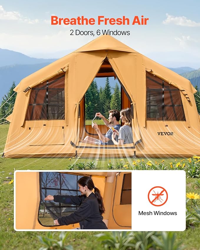 VEVOR Inflatable Tents for Camping Easy Setup Blow up Tent with Hand Pump 4 Season Glamping Tent with Stove Jack Doors &amp Mesh Windows Storage Bag Included for Easy Taking