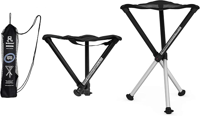 Walkstool - Comfort Model - Black and Silver - 3 Legged Folding Stool in Aluminium - Height 18 to 30 - Maximum Load 440 to 550 Lbs - Made in Sweden