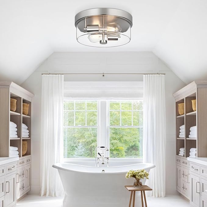 Flush Mount Ceiling Light Fixtures 2-Light 12 Inch Brushed Nickel Close to Ceiling Light Fixtures with Clear Glass Shade Ceiling Light Fixture for Porch Hallway Bathroom Dining Room and