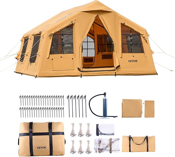 VEVOR Inflatable Tents for Camping Easy Setup Blow up Tent with Hand Pump 4 Season Glamping Tent with Stove Jack Doors &amp Mesh Windows Storage Bag Included for Easy Taking