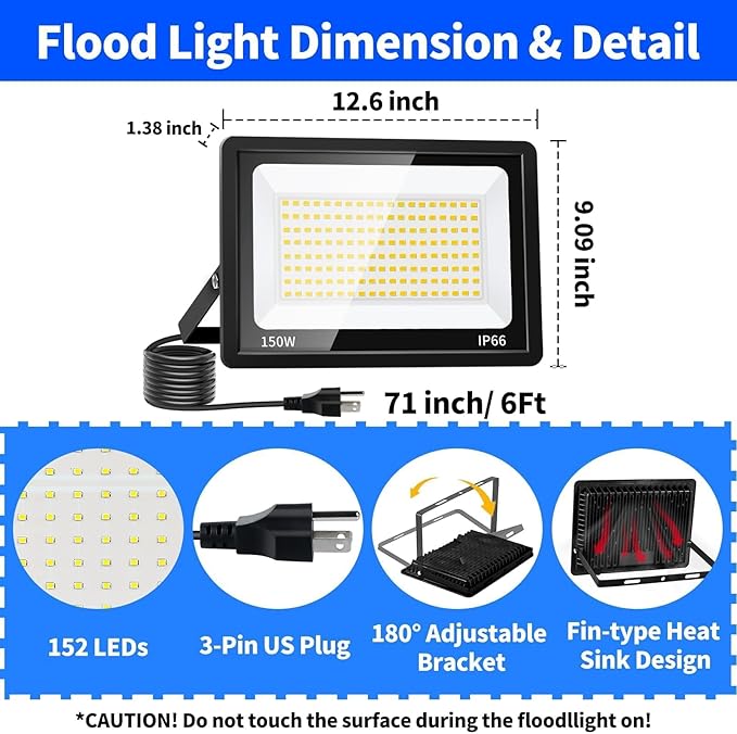 150W LED Outdoor Flood Lights with Plug 18000lm Bright Work Light with 6ft Cord 5000K Daylight White Exterior Floodlight IP66 Waterproof Security Light Yard Lights for Garage Stadium 2 Pack