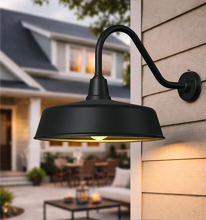 18 Inch Large Dusk to Dawn Outdoor Gooseneck Barn Lights Classic Black Farmhouse Barn Porch Lights for Garages Shops Outdoor Sconces.