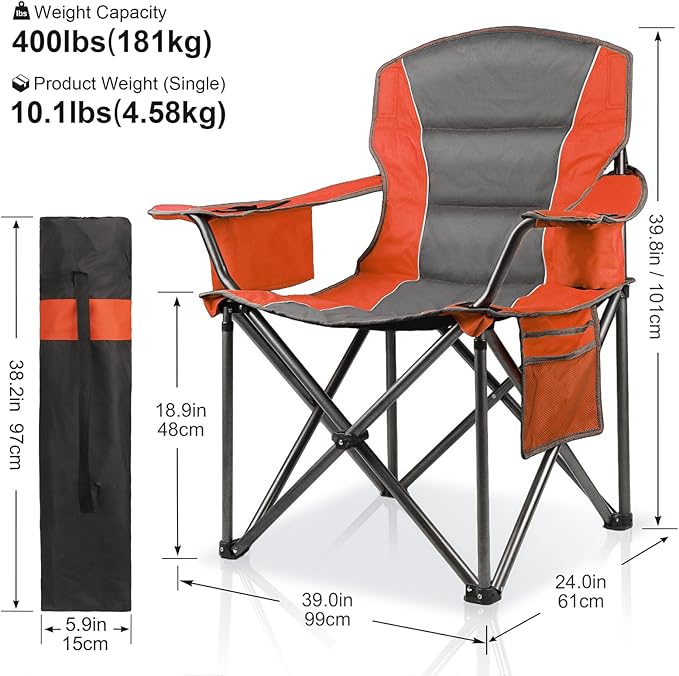 Oversized Padded Camping Chairs for AdultsHeavy Duty Support 400 LbsFolding Portable Lawn Chair w/Cup HolderCooler BagSide PocketPerfect for Outdoor PicnicHiking(Orange)