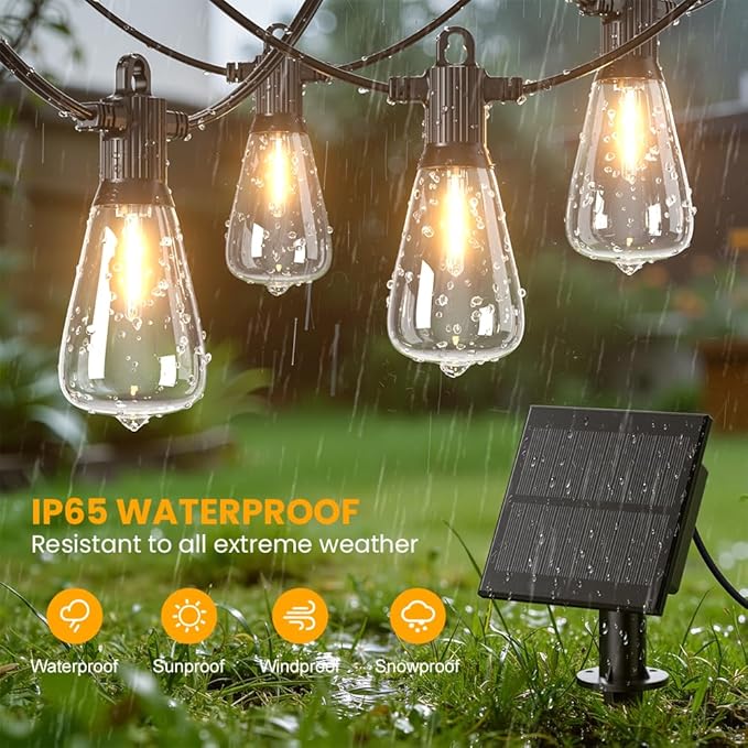 50FT Solar String Lights Outdoor Waterproof IP65 with USB-Charging  Solar Powered LED Patio Lights with 25+2 Shatterproof ST38 Edison Bulbs Hanging Lights for Outside Backyard Garden Bistro Gazebo