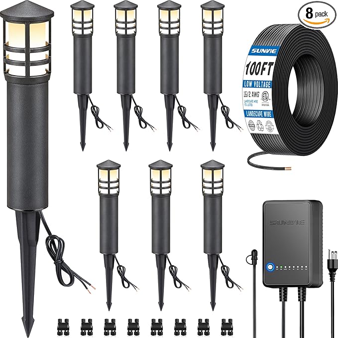 SUNVIE All-in-One LED Landscape Lighting Kit 8-Pack Low Voltage Pathway Lights with Transformer and 100FT 16/2 AWG Wire 3000K Waterproof Landscape Lights with Connectors for Walkway Garden Yard