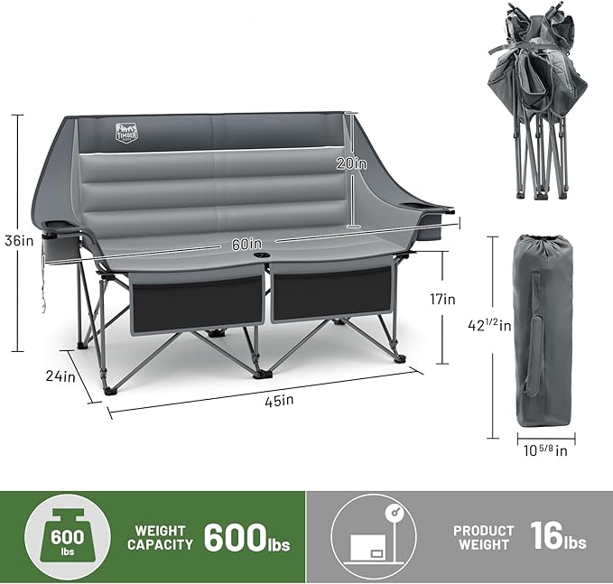 Timber Ridge Double Camping Chair Heavy Duty Outdoor Folding Camp Couch Loveseat Camping Chairs Perfect for Campsites Patio/Lawn Soccer Games or Other Youth Sports Supports 600 lbs