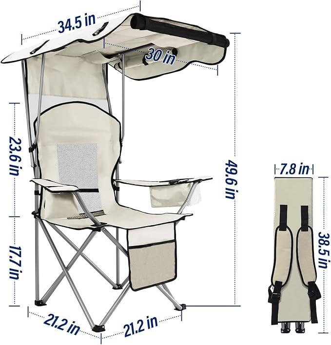 Beach Chair with Canopy Shade Folding Camping Chair Support to 330LBS Outdoor Chair with Cup Holder &amp Cooler Bag for Travel Hiking
