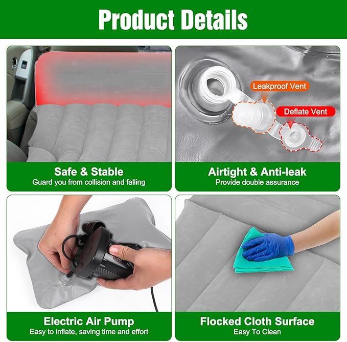 Suv Air Mattress Car Mattress Truck Bed Mattress Car Camping Mattress with 6 Separate Chambers Inflatable Car Bed with 2 Pillows &amp Electric Pump Thickened and Double-Sided Flocking (Grey)