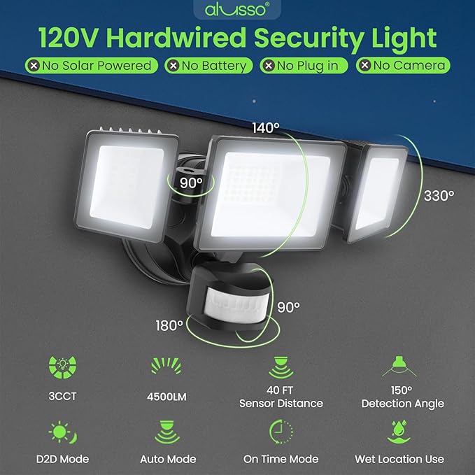 ALUSSO Motion Sensor Outdoor Lights Hardwired(Not Solar)40W 4500LM Flood Lights Outdoor 120V3 Modes(Dusk to Dawn/Auto/On Time) 3CCT 3000K/4000K/6500K Security Light for Garage Yard PorchBlackETL
