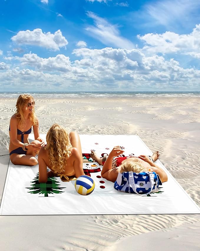 Beach Blanket Waterproof Sandproof Winter Christmas Snowman with Pine Trees Quick Drying Beach Mat with 4 Stakes Snowflake on White Lightweight Picnic Blanket for Travel Camping Outdoor 108x84