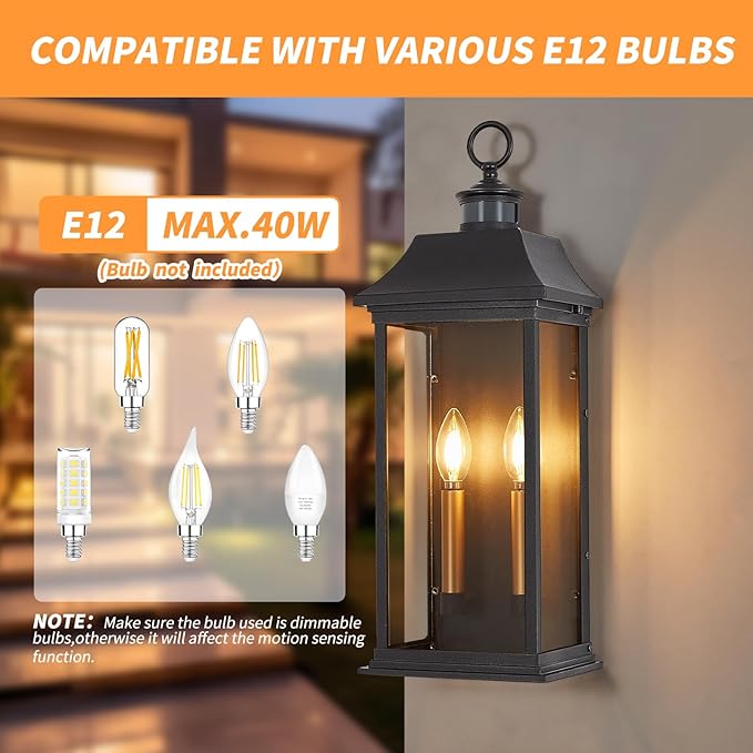 Dusk to Dawn Motion Sensor Outdoor Wall Lantern 2-Light21.1 Large Exterior Wall Sconce LightingModern Black Wall Light Fixture with Glass Waterproof Exterior Lamp for Patio House Porch Garage