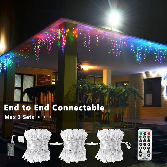 Brizled Color Changing Icicle Lights 29ft 360 LED Christmas Icicle Lights with Remote 11 Modes Cool White &amp Multicolor Xmas Lights for Xmas Wedding Home