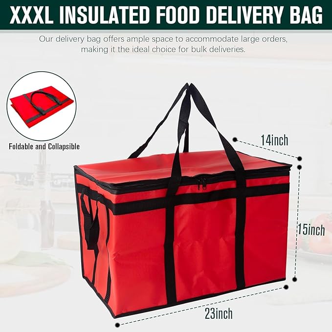 Insulated Food Delivery Bag XXXL Commercial Food Warmer Bag for Hot and Cold Catering Delivery Insulated Reusable Grocery Bags (4 Pack Red)