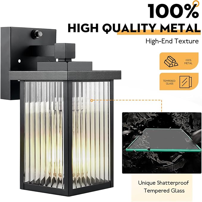 2 Pack Dusk to Dawn Outdoor Lighting Modern Wall Sconce with Textured Glass Waterproof IP65 Exterior Light Fixture Soft Glow Warm Ambiance for Front Door Porch Garage 10.6 Inch Height Black