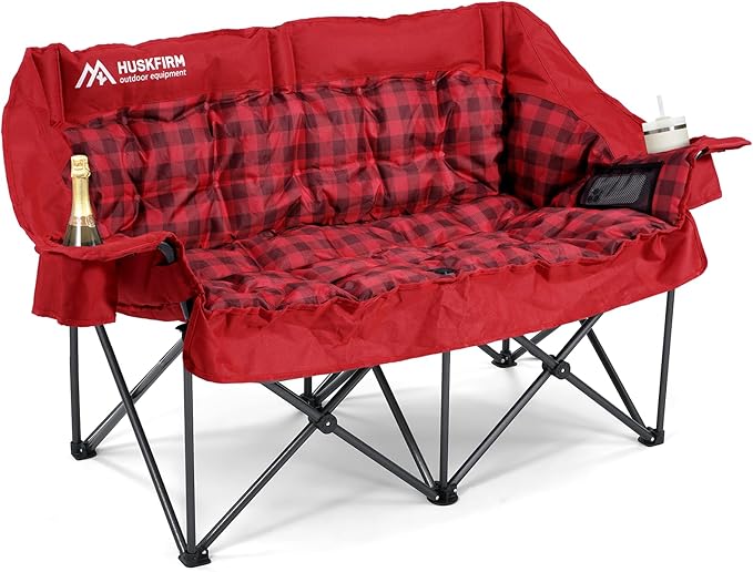 Double Camping Chairs Padded Loveseat Chair for 2 Person - Heavy Duty Oversized Camping Couch for Adults Outdoor Lawn Beach - Portable Folding Sofa with Cup Holders and Carry Bag Red