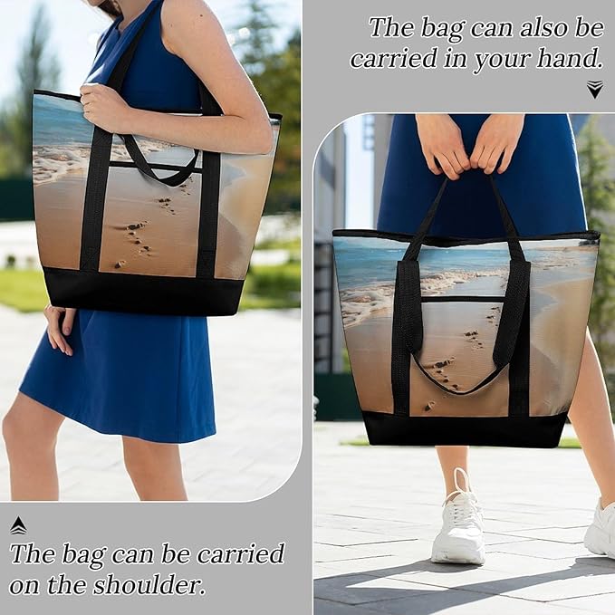 Insulated Shopping BagLarge Reusable Cooler Bags Beach Footprints Printed Foldable Shopping BagTravel Waterproof Shoulder Bag
