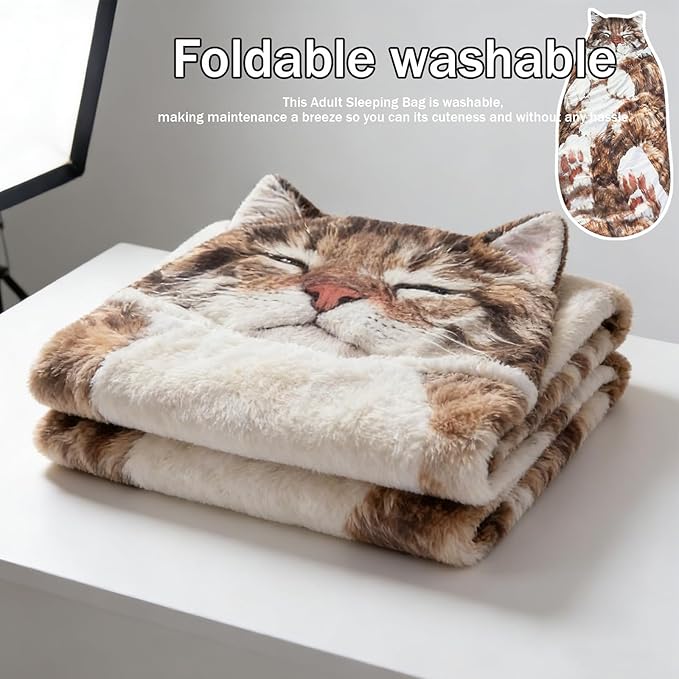 Fluffy Cat Sleeping Bag for Adults – Plush Soft Envelope Shaped Sleeping Bag for Humans Cozy Warm Nap Sack for Camping Home Travel Extra Large Cute Cat Design