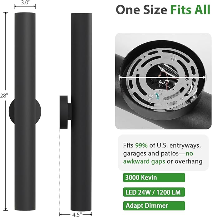 LamQee 28 Long Up and Down Outdoor Wall Light 3000K Integrated LED Modern Exterior Sconces Fixtures in Anti-Rust Cylinder Waterproof IP65 Outside Lighting Wall Mount for House Porch Garage Black