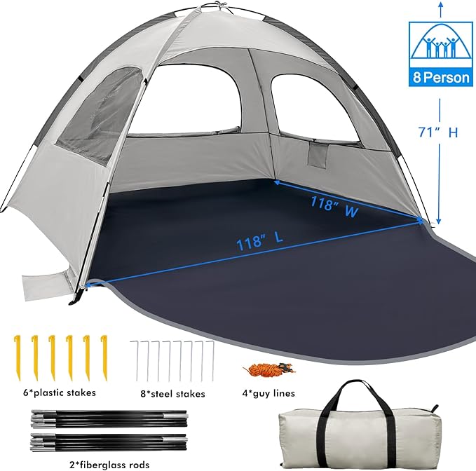 WhiteFang Beach Tent Anti-UV Portable Sun Shade Shelter for 3/4/6/8 Person Extendable Floor with 3 Ventilating Mesh Windows Plus Carrying Bag Stakes and Guy Lines