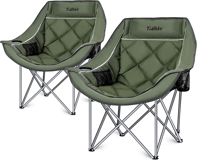 Oversized Camping Chair Portable Folding Padded Camping Chairs with Cup Holder and Carry Bag Heavy Duty Outdoor Camping Chairs for Adults Up to 400Lb for Fishing Sports (Green-2 Pack)