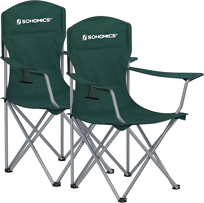 SONGMICS 2 Pack Folding Camping Chairs Load 330 lb Cup Holder and High Backrest Heavy-Duty Structure for Lawn Garden Fishing Terrace Dark Green UGCB08GN