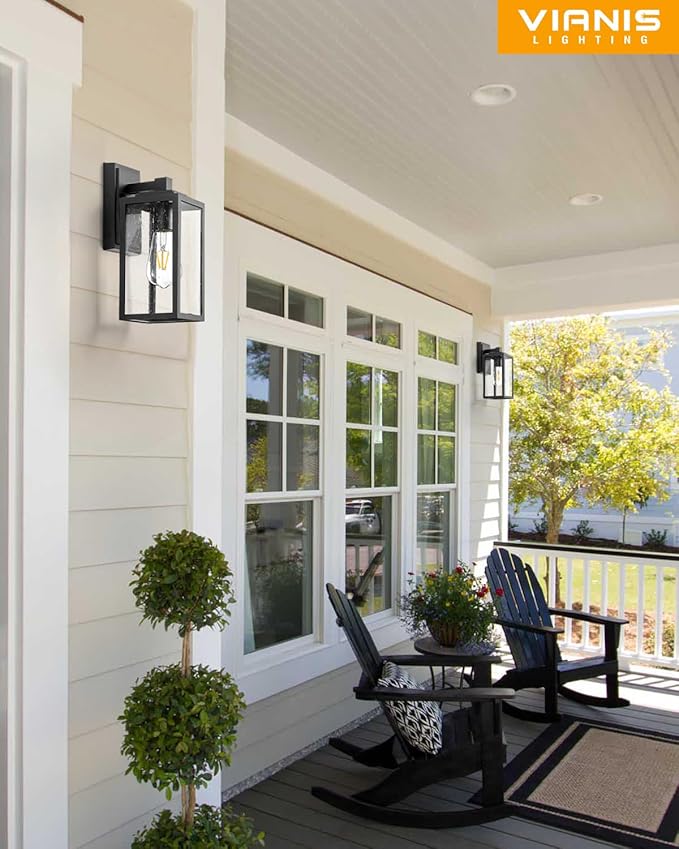 VIANIS 2 Pack Outdoor Wall Lights Exterior Lights for House Lantern Matte Black Waterproof Anti-Rust Outdoor Lights for Porch Garden Doorway Seed Tempered Glass