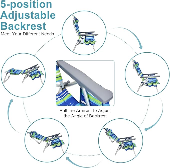GYMAX Beach Chairs Backpack Camping Chair with Armrest Cooler Bag Cup Holder Towel Bar &amp Side Pockets Sunbath Sling Tanning Lounge Folding Layout Chair (Without Table Blue Stripe)